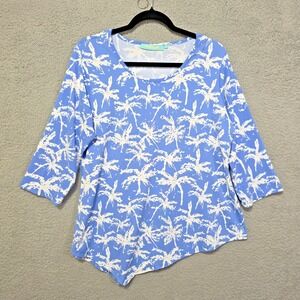 Anthonys Resort Wear Top Womens L Blue White 3/4 Sleeve Scoop Neck Palm Tree